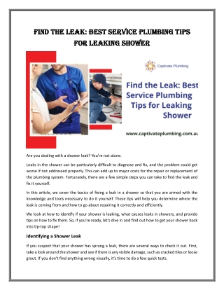 Find the Leak: Best Service Plumbing Tips for Leaking Shower