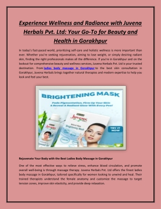 Experience Wellness and Radiance with Juvena Herbals Pvt. Ltd: Your Go-To for Be