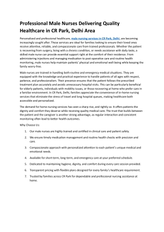 Trusted Male Nursing Services in CR Park Delhi for Complete Patient Care