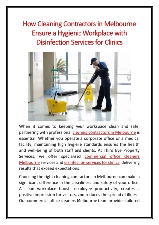 How Cleaning Contractors in Melbourne Ensure a Hygienic Workplace with Disinfection Services for Clinics