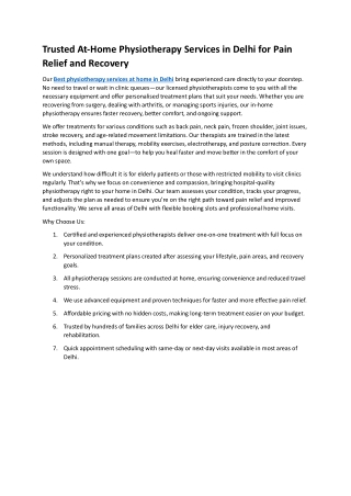 Professional Physiotherapy Services at Home in Delhi for Faster, Safer Recovery