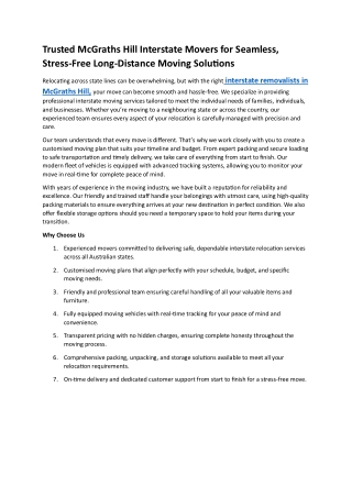 Professional Interstate Removalists in McGraths Hill