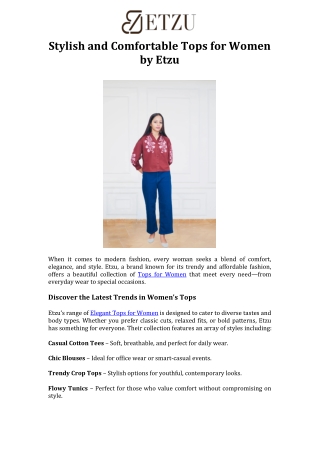 Stylish and Comfortable Tops for Women by Etzu