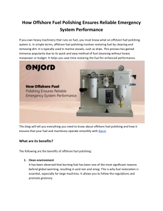 How Offshore Fuel Polishing Ensures Reliable Emergency System Performance