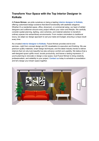 Transform Your Space with the Top Interior Designer in Kolkata