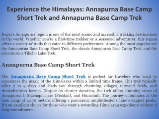 Experience the Himalayas Annapurna Base Camp Short Trek and Annapurna Base Camp Trek