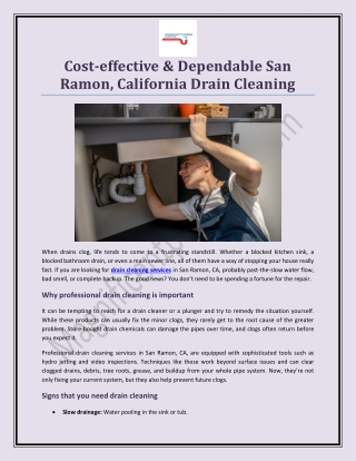 Cost-effective & Dependable San Ramon, California Drain Cleaning