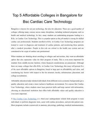 Top 5 Affordable Colleges in Bangalore for Bsc Cardiac Care Technology
