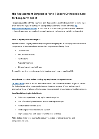 Hip Replacement Surgeon in Pune | Expert Orthopedic Care for Long-Term Relief