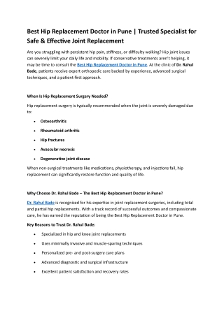 Best Hip Replacement Doctor in Pune | Trusted Specialist for Safe & Effective Jo