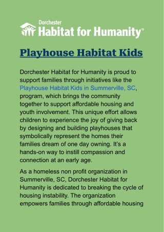 Playhouse Habitat Kids in Summerville, SC: Building Creativity and Community
