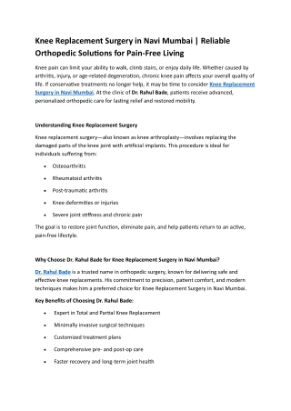 Knee Replacement Surgery in Navi Mumbai | Reliable Orthopedic Solutions for Pain