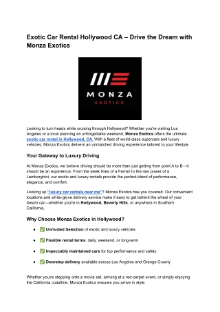 Exotic Car Rental Hollywood CA – Drive the Dream with Monza Exotics