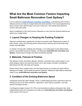 What Are the Most Common Factors Impacting Small Bathroom Renovation Cost Sydney