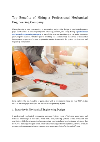 Top Benefits of Hiring a Professional Mechanical Engineering Company