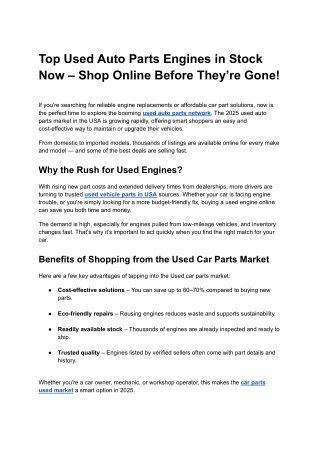 Top Used Auto Parts Engines in Stock Now – Shop Online Before They’re Gone!
