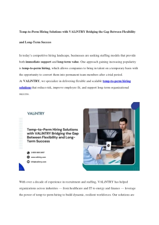 Temp-to-Perm Hiring Solutions with VALiNTRY Bridging the Gap Between Flexibility and Long-Term Success