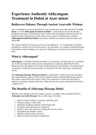 Abhyangam Treatment in Dubai at Ayur minar