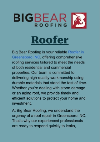 Roofer in Greensboro, NC: Protect Your Home with Big Bear Roofing’s Services