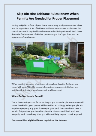 Skip Bin Hire Brisbane Rules: Know When Permits Are Needed for Proper Placement