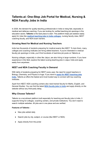 Tallento.ai One-Stop Job Portal for Medical, Nursing & NDA Faculty Jobs in India