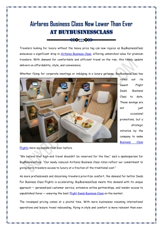 Airfares Business Class Now Lower Than Ever