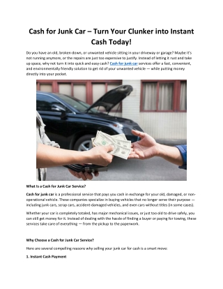 Cash for Junk Car – Turn Your Clunker into Instant Cash Today!
