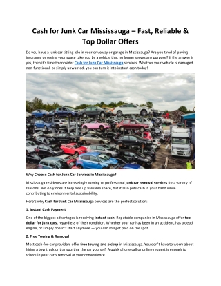 Cash for Junk Car Mississauga – Fast, Reliable & Top Dollar Offers
