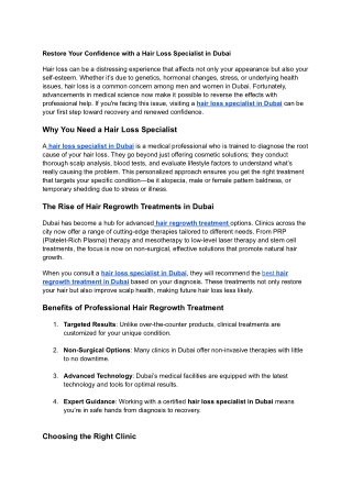 Restore Your Confidence with a Hair Loss Specialist in Dubai