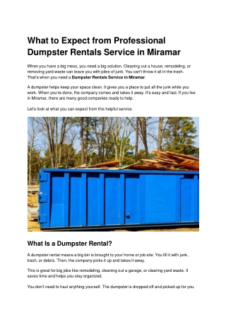 What to Expect from Professional Dumpster Rentals Service in Miramar