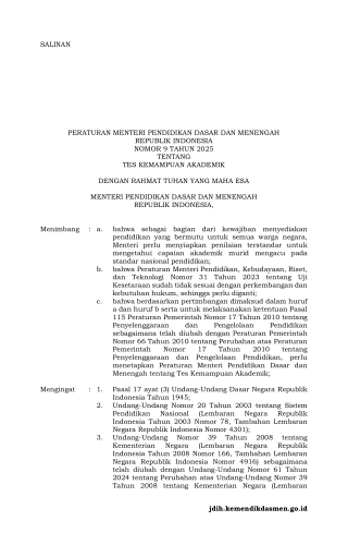 Salinan Permendikdasmen Nomor 9 Tahun 2025 tentang Tes Kemampuan Akademik (JDIH) (1)