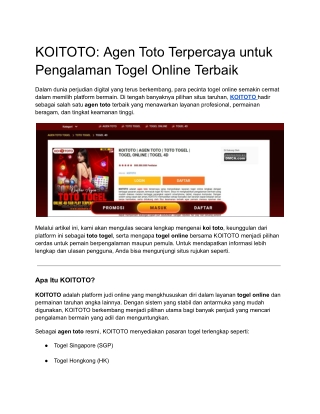 KOITOTO_ Agen Toto Terpercaya untuk Pengalaman Togel Online Terbaik