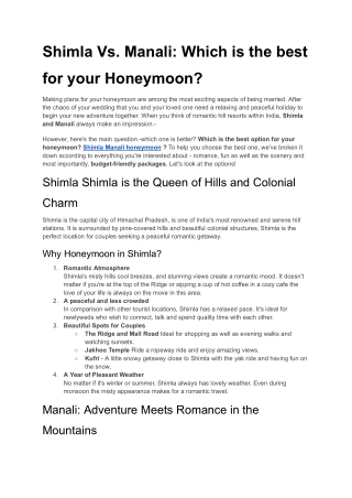 Shimla Vs. Manali: Which is the best for your Honeymoon?