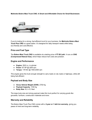 Mahindra Bolero Maxi Truck CNG: A Smart and Affordable Choice for Small Business