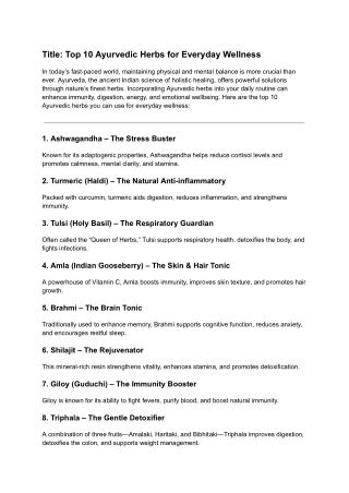 Top 10 Ayurvedic Herbs for Everyday Wellness