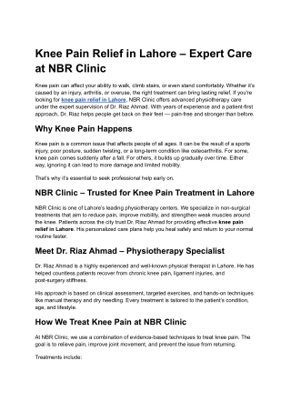 Knee Pain Relief in Lahore – Expert Care at NBR Clinic