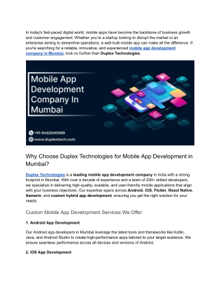 Mobile App Development Company in Mumbai—Power Your Digital Vision with Duplex Technologies.