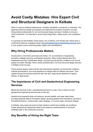 Avoid Costly Mistakes: Hire Expert Civil and Structural Designers in Kolkata