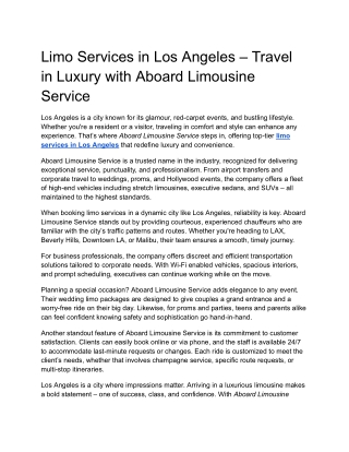 Limo Services in Los Angeles Travel in Luxury with Aboard Limousine Service