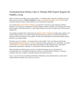 Comprehensive Kidney Care in Tenkasi With Expert Support for Healthy Living