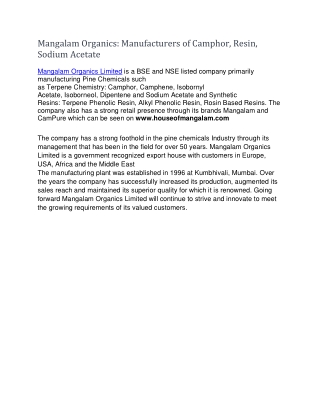 Mangalam Organics Manufacturers of Camphor Resin Sodium Acetate