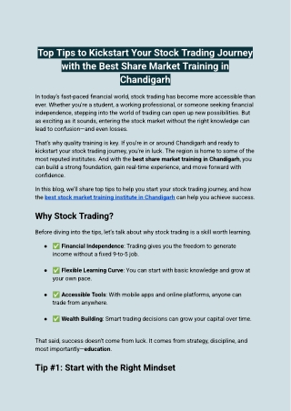 Top Tips to Kickstart Your Stock Trading Journey with the Best Share Market Training in Chandigarh