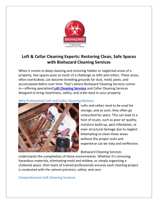 Loft & Cellar Cleaning Experts Restoring Clean, Safe Spaces with Biohazard Cleaning Services