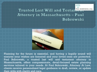 Trusted Last Will and Testament Attorney in Massachusetts – Paul Bobrowski