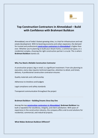 Top Construction Contractors in Ahmedabad  Build with Confidence with Brahmani Buildcon