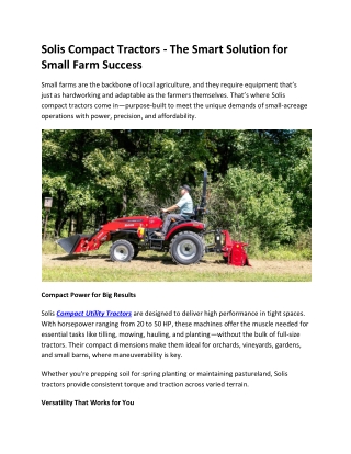 Solis Compact Tractors - The Smart Solution for Small Farm Success