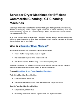 Scrubber Dryer Machines for Efficient Commercial Cleaning -GT Cleaning Machines