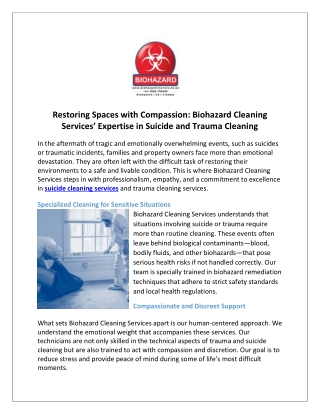 Restoring Spaces with Compassion Biohazard Cleaning Services’ Expertise in Suicide and Trauma Cleaning