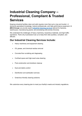 Industrial Cleaning Company – Professional, Compliant & Trusted Services