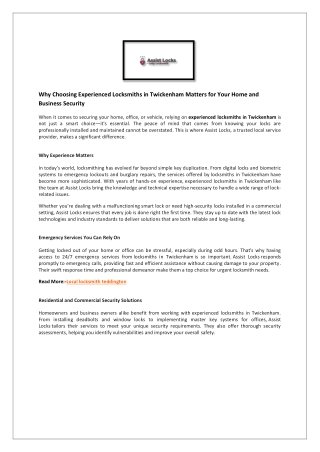 Why Choosing Experienced Locksmiths in Twickenham Matters for Your Home and Business Security